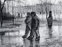 Un jardin public avec des gens marchant sous la pluie
