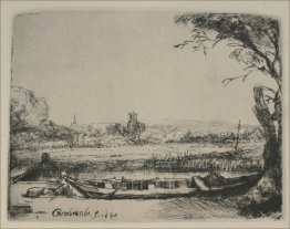 Paysage avec un canal et un grand bateau