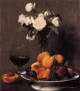 Nature morte avec des roses, des fruits et un verre de vin