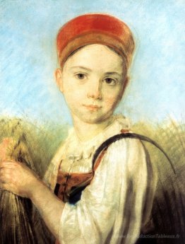 Fille paysanne avec une faucille dans le seigle