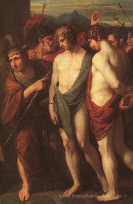 Pylades et Orestes amenés en tant que victimes avant Iphigenia (