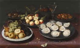 Nature morte de fruits et une assiette d'huîtres