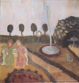 Deux femmes dans le jardin avec une fontaine