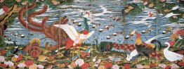 Oiseaux, animaux et plantes à fleurs dans une scène imaginaire