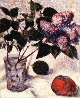 Lilas dans un verre, pomme et citron