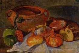 Nature morte: fosse, oignons, pain et pommes vertes