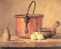 Nature morte des ustensiles de cuisine, du chaudron, de la casse