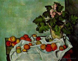 Nature morte avec les géraniums fruits