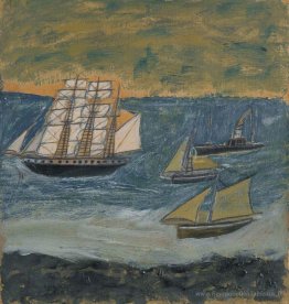 Barque à trois mâts avec trois petits navires