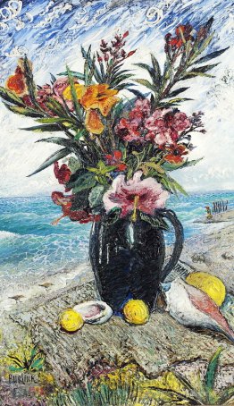 Nature morte avec des fleurs au bord de la mer
