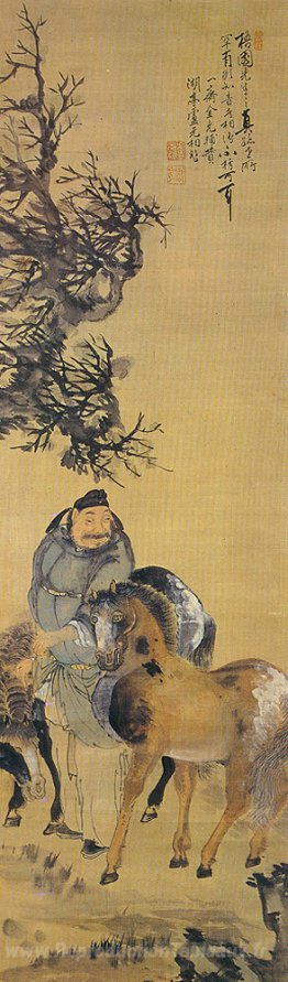 La peinture d'un homme avec deux chevaux