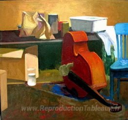 Le studio d'artistes, les sacs en papier et le violon de basse,