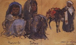 Deux figures féminines. Une figure masculine avec un âne.
