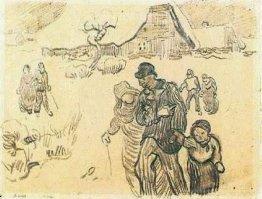 Cottages enneigés, un couple avec un enfant et d'autres marcheur