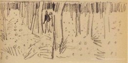 Couple marchant entre les rangées d'arbres