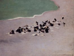 Laveuse à Etreat (femmes qui séchent la lessive sur la plage)