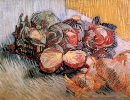 Nature morte avec des choux rouges et des oignons