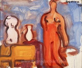 Intérieur de studio avec torse, vase, chaise et nu