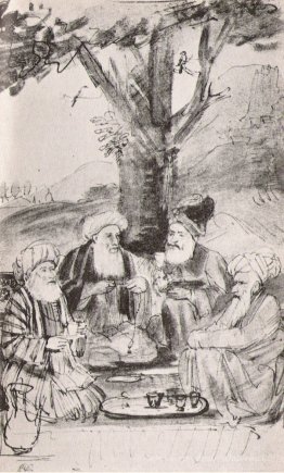 Quatre orientaux assis sous un arbre. Encre sur papier