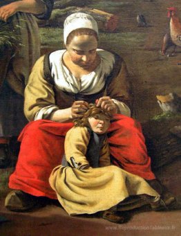 Scène délicieuse. Détail d'une peinture de Jan Sibechts, cour de