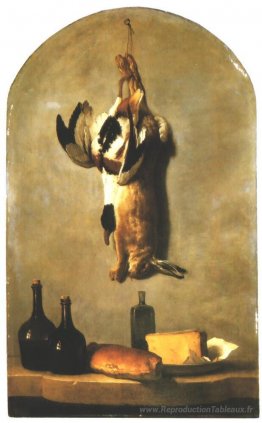 Nature morte avec lièvre, canard, pain de pain, fromage et flaco