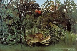 Le lion affamé se jette sur l'antilope