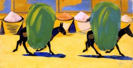 Mules, chargés de foin