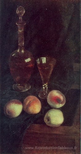 Nature morte. Décanteur et pêches
