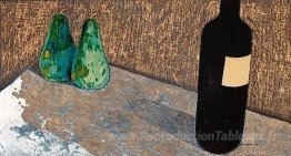 Nature morte avec bouteille et poires vertes
