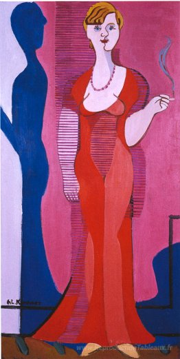 Femme blonde dans une robe rouge, portrait d'Elisabeth Hambus