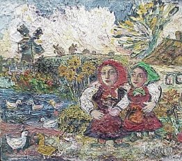 Deux filles dans une cour de ferme avec des canards et un moulin