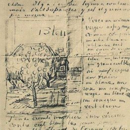 Verger et maison avec toit orange