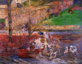 Paysage avec des oies