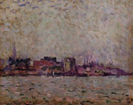 Brouillard du matin sur le port de Veer, Hollande