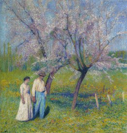 Les mariées marchent sous les pommiers