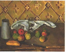 Nature morte avec des pommes, des servettes et un lait