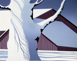 Grange rouge et tronc d'arbre