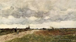 Figures sur une route de campagne, une église au loin