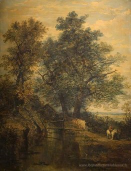 Un ruisseau, un pont, des arbres et deux figures dans un paysage