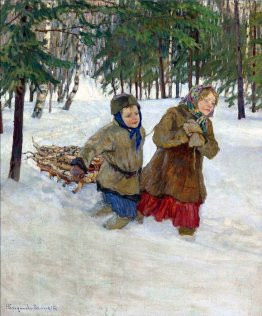 Les enfants portant le bois dans la neige, l'hiver