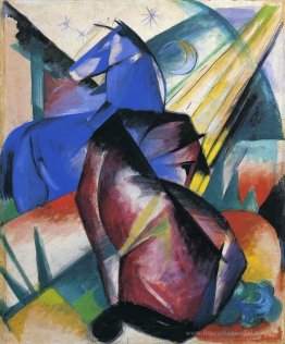 Deux chevaux, rouges et bleus