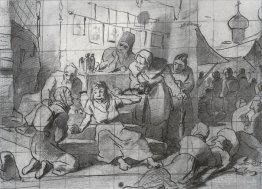 Saint idiot, entouré de pèlerins