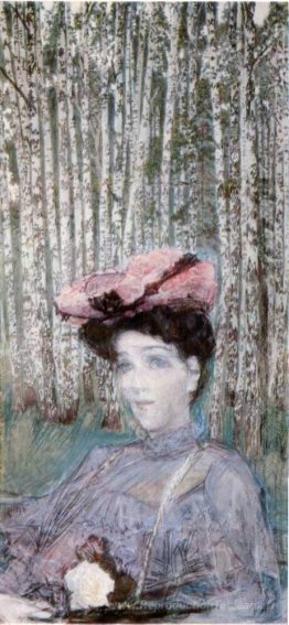 Portrait de N. Zabela-Vrubel sur le bord d'un bouleau