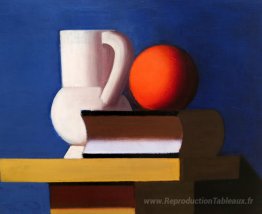 Nature morte avec pot blanc, orange et livre