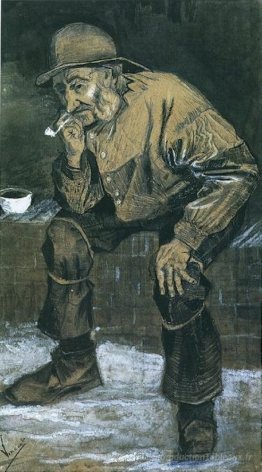 Pêcheur avec sou'wester, assis avec une pipe