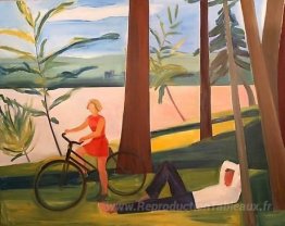 Maine, fille avec vélo et homme couché