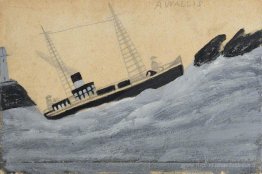 Bateau à vapeur avec deux marins, phare et rochers