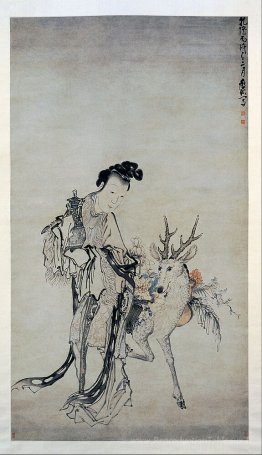 Ma-gu tenant un vase, avec un cerf