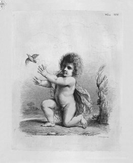 Chérubin à genoux libérant un oiseau par Guercino