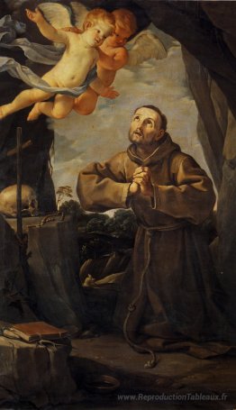 St Francis en prière avec deux anges